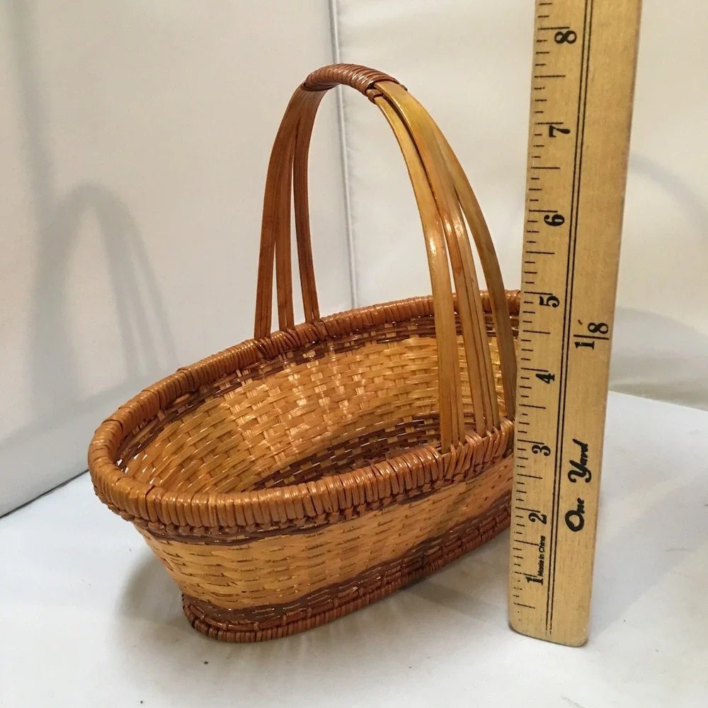Woven Wicker Basket Home Decor Small Brown Two Tone Oval Handle Farmhouse